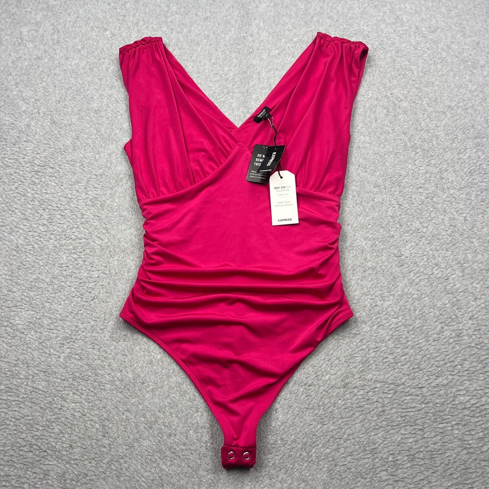 NWT Express Bodysuit Women's Medium Pink V-Neck Body Contour Ruched Compression